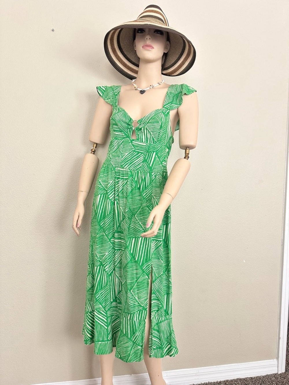 Green Printed Midi Dress with Ruffle Shoulders